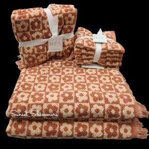 8pc Hotel Collection Bath Hand Washcloth Towel Set  Check Flower Tile NEW